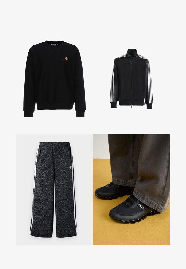 Jaqueta de malha preta com fecho zip, apresentando mangas pretas sólidas e três riscas brancas ao longo dos braços. Punhos e bainha canelados.; Carhartt WIP AMERICAN SCRIPT - Camisola - black; adidas Originals GRAPHIC UNISEX - Calças de fato de treino - black; Ténis de corrida pretos com uma parte superior em malha, sola curva e acentos arredondados distintos. Combinados com calças escuras e largas.