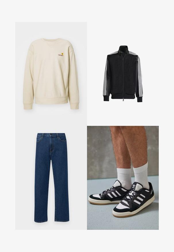 Schwarze Mesh-Jacke mit Reißverschluss vorne, die aus einem einfarbigen schwarzen Ärmeln und drei weißen Streifen an den Armen besteht. Gerippte Bündchen und Saum.; Beige Sweatshirt mit Rundhalsausschnitt und Raglanärmeln. Verfügt über ein kleines gesticktes Logo auf der linken Brust. Weicher, strukturierten Stoff.; Dunkelblaue gerade geschnittene Jeans mit Fronttaschen und Knopfverschluss, auf einem schlichten weißen Hintergrund präsentiert.; Schwarz-weiße Sneaker mit einem Obermaterial aus Wildleder und Leder, ausgestattet mit drei weißen Streifen, einer perforierten Zehenpartie und einer Sohle aus Gummi.