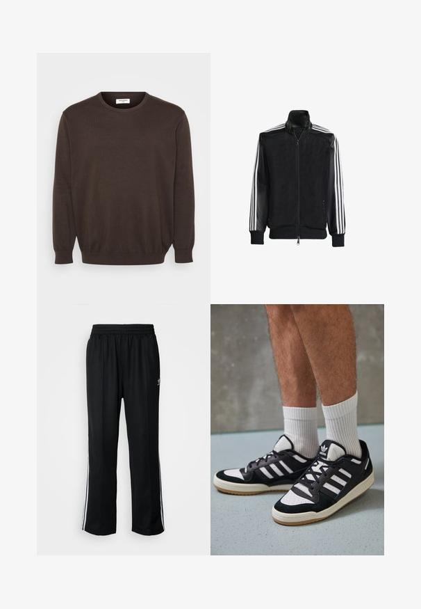 Must mustriga jope, millel on lukuga eesosa, ning mustad varrukad ja kolm valget triipu varrukate ääres. Ribaelastne mansett ja allääre.; Pruun kootud sviiter ümmarguse kaelusega, pikkade varrukatega ning ribatud põhi- ja varrukaservadega. Sile kangastekstuuri, klassikaline disain ilma kaunistusteta.; Mustad mustad spordipüksid elastse vöökohaga, millel on valged küljeread ja väike logo. Materjal tundub pehme ja kerge.; Mustvalged ja valged spordijalatsid, mille pealmine osa on valmistatud suede'ist ja nahast. Kingadel on kolm valget riba, auguline varvas ja kummist tald.