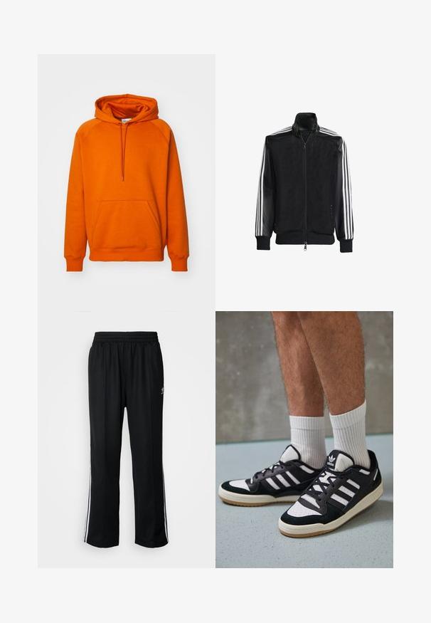 Čierna sieťovaná bunda so zipsom vpredu, s pevnými čiernymi rukávmi a tromi bielymi pruhmi po stranách rukávov. Žebrované manžety a spodný lem.; Oranžová mikina s klokaním vreckom na prednej strane, kapucňou so sťahovacou šnúrkou a rebrovanými manžetami. Vyrobená z mäkkej tkaniny s hladkým povrchom.; Čierne športové nohavice s elastickým pásom, s bielymi bočnými prúžkami a malým logom. Materiál vyzerá byť mäkký a ľahký.; Čierno-biele tenisky s vrchom z semišu a kože, s troma bielymi pruhmi, perforovanou špičkou a gumovou podrážkou.