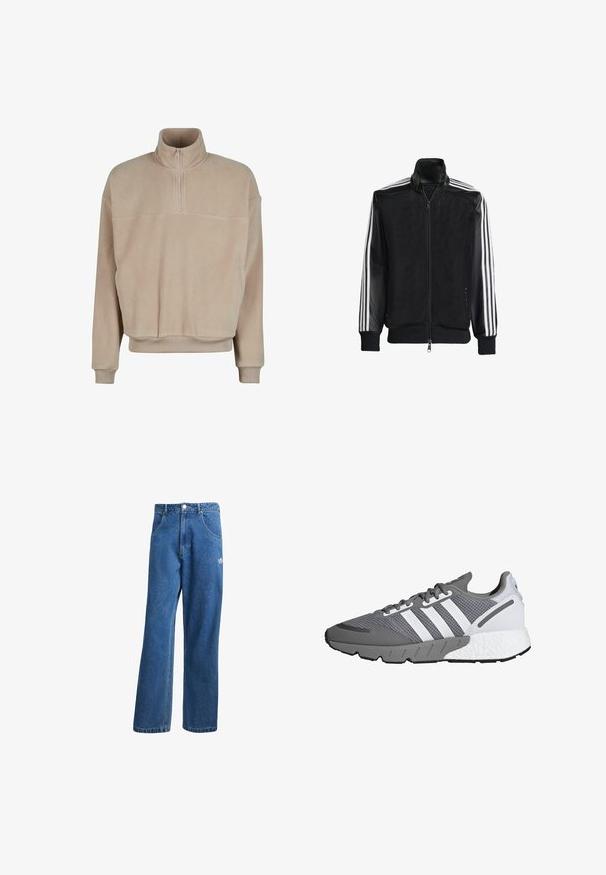 Jachetă din plasă neagră, cu fermoar față, având mâneci negre solide și trei dungi albe pe brațe. Manșete și tiv cu nervuri.; Pulover din fleece de culoare bej deschis, cu guler înalt, închidere cu jumătate de fermoar, manșete ribbard și o croială lejeră. Dispune de o buzunar frontal pentru stocare.; Jeans din denim cu talie înaltă, cu picioare largi, de culoare albastră, cu buzunare frontale, bucle pentru centură, închidere cu nasture și un mic logo Adidas pe coapsa dreaptă.; Adidași gri și albaștri cu un material de plasă, trei dungi albe, o talpă cu amortizare și o talpă din cauciuc gri texturat.