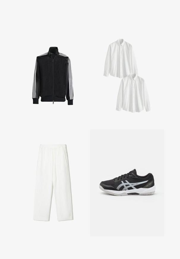 Čierna sieťovaná bunda so zipsom vpredu, s pevnými čiernymi rukávmi a tromi bielymi pruhmi po stranách rukávov. Žebrované manžety a spodný lem.; Biele, dlhé košele s gombíkmi a golierom, so vreckom, vyrobené z hladkej bavlny. Dve košele sú vystavené v naskladanej pozícii.; Biele, široké nohavice vyrobené z textúrovanej tkaniny. Majú elastický pás a dve bočné vrecká. Príležitostný, voľný strih.; Čierne športové topánky s sieťovaným zvrškom, reflexným strieborným logom, gumovou podrážkou a bielymi akcentmi. Majú polstrovaný golier a odolný dizajn.