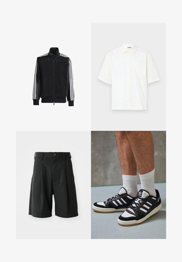 Μαύρο τζάκετ από δίχτυ με φερμουάρ μπροστά, με συμπαγή μαύρα μανίκια και τρεις λευκές ρίγες κατά μήκος των χεριών. Ριμπέ μανσέτες και στρίφωμα.; Κοντομάνικο πουκάμισο με κουμπιά σε εκρού βαμβάκι. Διαθέτει γιακά και μία αριστερή τσέπη στο στήθος με απλό σχέδιο και απαλή υφή.; Μαύρες κοντές παντελόνες ραμμένες με κουμπί, πλυμένα μπροστά, με πλαϊνές τσέπες και ίσια εφαρμογή. Φτιαγμένες από ένα απαλό, ελαφρύ ύφασμα.; Μαύρα και λευκά αθλητικά παπούτσια με άνω μέρος από σουέτ και δέρμα, featuring τρεις λευκές ρίγες, περατά δάχτυλα και σόλα από καουτσούκ τύπου γκαστ.