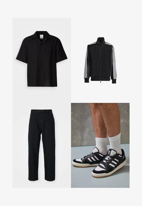 Schwarze Mesh-Jacke mit Reißverschluss vorne, die aus einem einfarbigen schwarzen Ärmeln und drei weißen Streifen an den Armen besteht. Gerippte Bündchen und Saum.; Schwarzes Kurzarmhemd aus Leinen, mit Knopfleiste, spitzem Kragen und glatter Textur. Keine auffälligen Muster oder Akzente.; Schwarze Jeans mit geradem Schnitt. Verfügt über ein klassisches Fünf-Taschen-Design, Knopfverschluss und subtile Stofftextur.; Schwarz-weiße Sneaker mit einem Obermaterial aus Wildleder und Leder, ausgestattet mit drei weißen Streifen, einer perforierten Zehenpartie und einer Sohle aus Gummi.