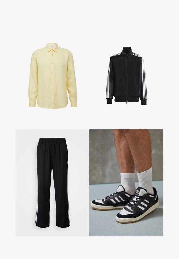 Veste en maille noire avec fermeture éclair à l'avant, présentant des manches noires unies et trois rayures blanches le long des bras. Poignets et ourlet côtelés.; Chemise en lin jaune à manches longues avec un devant boutonné, un col pointu et des boutons brun clair. Présente une texture lisse et une coupe décontractée.; Pantalons de sport noirs avec une taille élastique, ornés de rayures blanches sur les côtés et d'un petit logo. Le matériau semble doux et léger.; Baskets noir et blanc avec une tige en suède et cuir, comportant trois rayures blanches, un bout perforé et une semelle en caoutchouc gum.