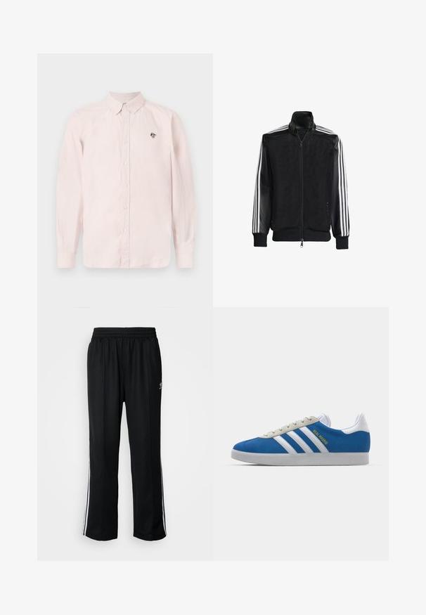 Jaqueta de malha preta com fecho zip, apresentando mangas pretas sólidas e três riscas brancas ao longo dos braços. Punhos e bainha canelados.; Camisa de botões rosa claro com mangas longas, gola collar e um detalhe de logótipo preto no peito. Feita de um tecido leve.; Calças atléticas pretas com um cós elástico, apresentando riscas brancas laterais e um pequeno logótipo. O material parece macio e leve.; adidas Originals ADIDAS GAZELLE SHOES - Botas de futebol de salão - real madrid/bluebird/footwear white/crew yellow