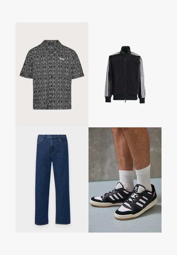 Μαύρο τζάκετ από δίχτυ με φερμουάρ μπροστά, με συμπαγή μαύρα μανίκια και τρεις λευκές ρίγες κατά μήκος των χεριών. Ριμπέ μανσέτες και στρίφωμα.; Κοντομάνικο πουκάμισο σε μαύρο και άσπρο χρώμα με σχέδιο ζιγκ-ζαγκ, διαθέτει γιακά και κλείσιμο με κουμπί; περιλαμβάνει την μάρκα "PEGADOR" στο αριστερό στήθος.; Σκούρο μπλε τζιν παντελόνι με ίσια γραμμή, με μπροστινές τσέπες και κλείσιμο με κουμπί, το οποίο προβάλλεται σε λευκό φόντο.; Μαύρα και λευκά αθλητικά παπούτσια με άνω μέρος από σουέτ και δέρμα, featuring τρεις λευκές ρίγες, περατά δάχτυλα και σόλα από καουτσούκ τύπου γκαστ.