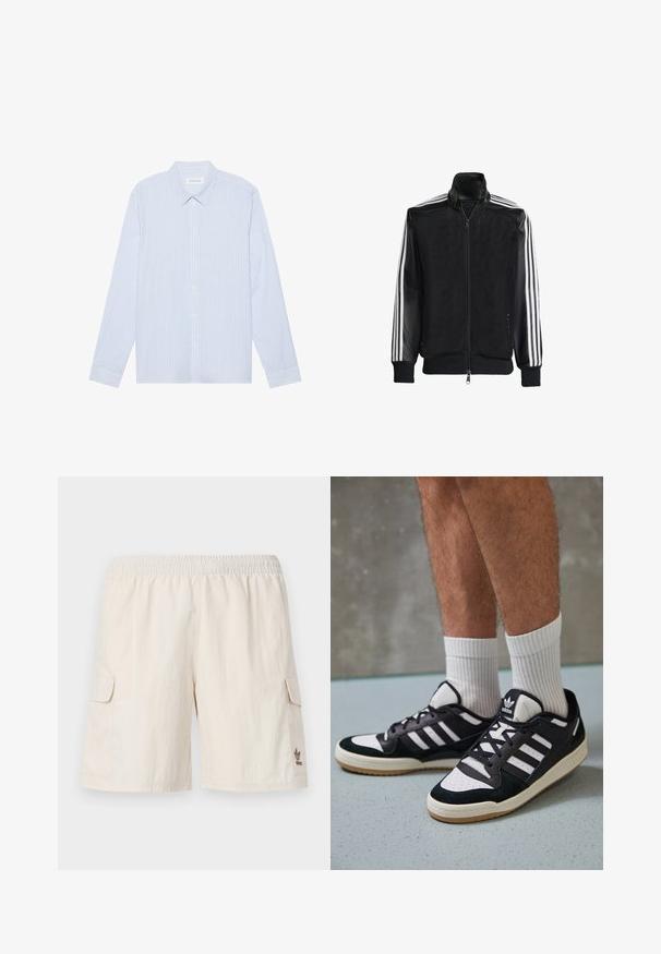 Svart mesh-jakke med glidelås foran, med solide svarte ermer og tre hvite striper langs armene. Ribbestrikkede mansjetter og nederkant.; Lys blåstripete skjorte med lange ermer og knappestolpe. Har tradisjonell krage, hvite knapper og et glatt bomullsblandingsstoff.; Beige cargo shorts med elastisk midje, to sidelommer, og en liten logo på nederste høyre side. Jevn, lett stoff.; Sorte og hvite sneakers med overdel i semsket skinn og lær, med tre hvite striper, perforert tå og en såle av gummi.