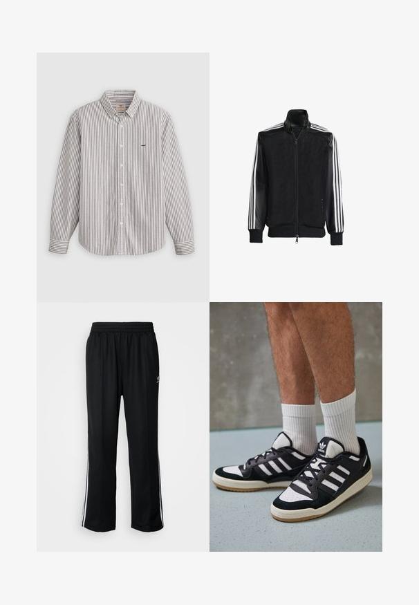 Must mustriga jope, millel on lukuga eesosa, ning mustad varrukad ja kolm valget triipu varrukate ääres. Ribaelastne mansett ja allääre.; Ribaga pikkade varrukatega särk heledast hallist ja valgest, puuvillane materjal, nööpidega kaelus, rinnal brodüüriga logo.; Mustad mustad spordipüksid elastse vöökohaga, millel on valged küljeread ja väike logo. Materjal tundub pehme ja kerge.; Mustvalged ja valged spordijalatsid, mille pealmine osa on valmistatud suede'ist ja nahast. Kingadel on kolm valget riba, auguline varvas ja kummist tald.