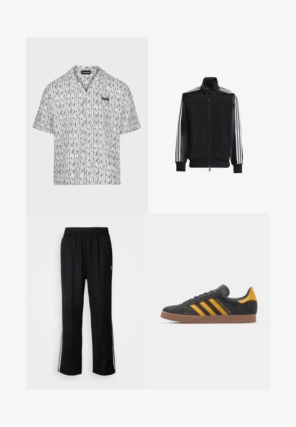 Juodas permatomas džemperis su užtrauktuku priekyje, turintis vientisas juodas rankoves ir tris baltas juostas ant rankų. Raukšlėtos rankogaliai ir apatinė dalis.; Trumpas rankoves turintis marškinėliai su apykakle balta ir juoda. Pasižymi banguota rašalu, mygtukų užsegimu priekyje ir subtiliu logotipu ant krūtinės. Lengvas audinys.; Juodi sportiniai keliai su elastingu juosmeniu, su baltais šonais ir mažu logotipu. Atrodo, kad medžiaga yra minkšta ir lengva.; Juodas zomšinės sportbačiai su geltonais akcentais, turintys tris juosteles ir rudą gumos padą. Apima paminkštintą liežuvėlį patogumui.