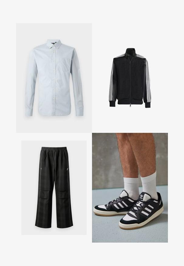 Zwarte maillotjas met een rits aan de voorkant, met stevige zwarte mouwen en drie witte strepen langs de armen. Geribbelde manchetten en zoom.; Lichtblauw button-up overhemd met dunne verticale strepen. Bevat een kraag, lange mouwen, een linker borstzak en knoopdetails.; Zwarte geruite broek met een elastische tailleband, twee voorzakken en een losse pasvorm met een rechte pijpdesign. Gemaakt van lichtgewicht materiaal.; Zwart-witte sneakers met een bovenwerk van suede en leer, voorzien van drie witte strepen, een geperforeerde neus en een rubberen gumzool.