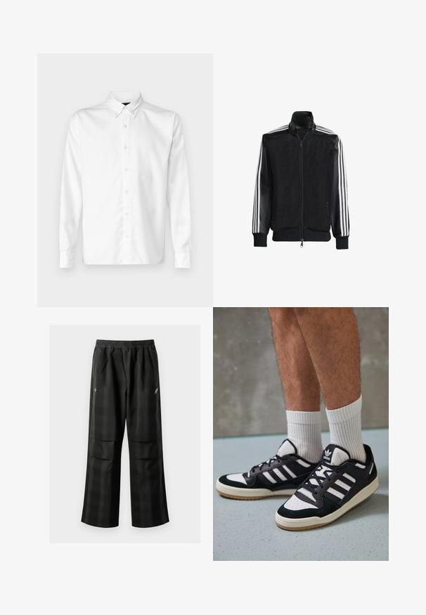 Jachetă din plasă neagră, cu fermoar față, având mâneci negre solide și trei dungi albe pe brațe. Manșete și tiv cu nervuri.; Cămașă albă cu nasturi, realizată dintr-un material neted, având un guler clasic, mâneci lungi și un tiv drept. Design minimalist, fără modele.; Pantaloni cu un model carourile negre, având talie elastică, două buzunare frontale și un croi lejer cu picioare drepte. Construiți dintr-un material ușor.; Adidași negri și albi cu un superior din suede și piele, prevăzuți cu trei dungi albe, un vârf perforat și o talpă din cauciuc caramel.
