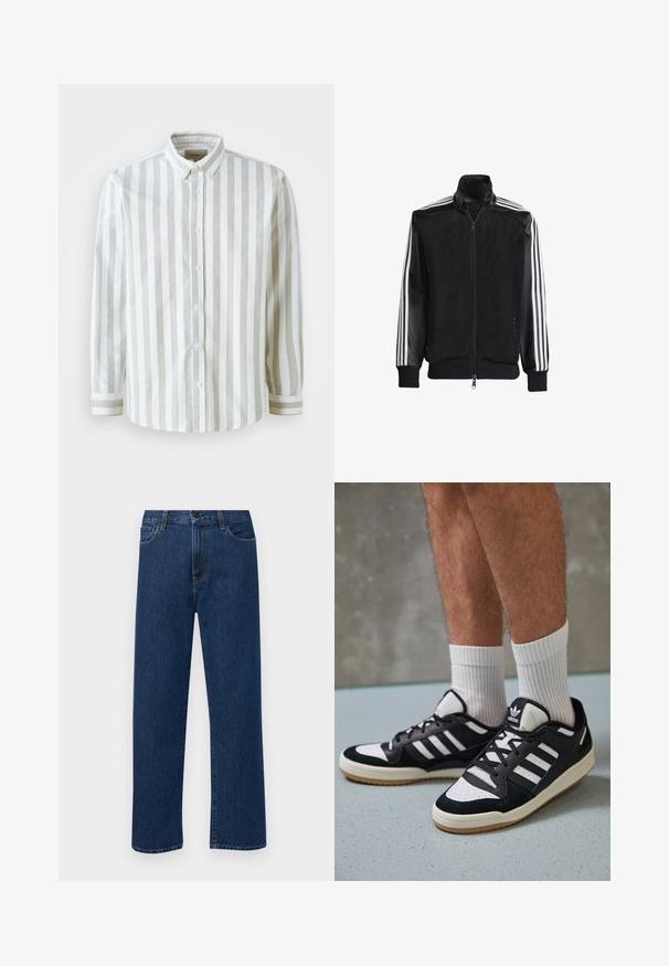 Chaqueta de malla negra con cierre de cremallera en la parte delantera, que presenta mangas negras sólidas y tres rayas blancas a lo largo de los brazos. Puños y dobladillo acanalados.; Camisa de botones a rayas en blanco y gris claro, fabricada en tejido de punto. Cuenta con un cuello y puños con botones, con un acento a rayas contrastante.; Jeans de denim de pierna recta en azul oscuro con bolsillos delanteros y cierre de botón, exhibidos sobre un fondo blanco liso.; Zapatillas en blanco y negro con parte superior de ante y cuero, que presentan tres franjas blancas, una puntera perforada y una suela de goma.