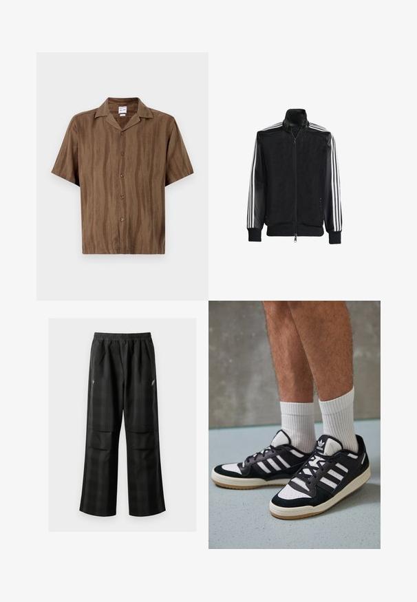 Musta verkkomantteli, jossa on vetoketjulla suljettava etuosa, mustat hihat ja kolme valkoista raitaa käsivarsilla. Ribbaatut hihansuut ja helma.; Ruskea lyhythihainen paita, jossa on hienovarainen raidallinen rakenne, napitettava etuosa ja klassinen kaulus. Kevyt kangas.; Mustat ruudulliset housut, joissa on joustava vyötärö, kaksi etutaskua ja rento istuvuus suoralla lahkeella. Valmistettu kevyestä materiaalista.; Valkoiset ja mustat tennarit, joissa on mokkanahka- ja nahkapäällinen, kolme valkoista raitaa, rei'itetty kärki ja kumipohja.