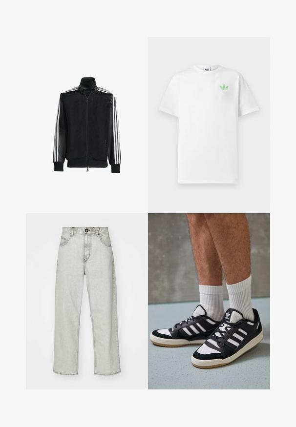 Veste en maille noire avec fermeture éclair à l'avant, présentant des manches noires unies et trois rayures blanches le long des bras. Poignets et ourlet côtelés.; T-shirt en coton blanc à manches courtes, arborant un petit logo Adidas vert sur la poitrine gauche. Design simple et classique avec un col rond.; Jean taille haute gris clair avec une coupe décontractée, cinq poches, fermeture à bouton sur le devant et motif texturé subtil sur le tissu en denim.; Baskets noir et blanc avec une tige en suède et cuir, comportant trois rayures blanches, un bout perforé et une semelle en caoutchouc gum.