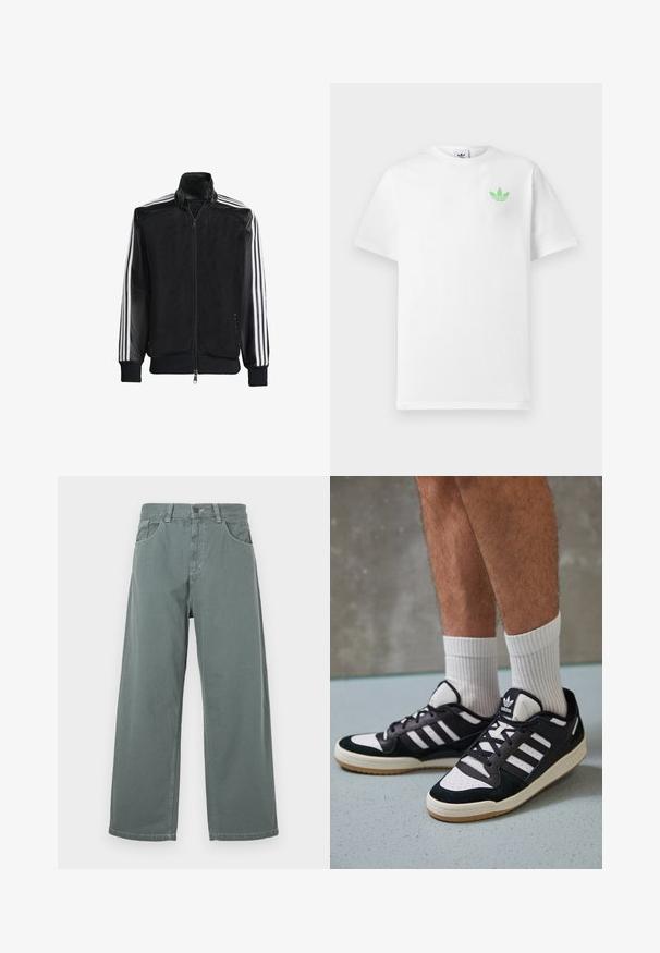 Svart mesh-jakke med glidelås foran, med solide svarte ermer og tre hvite striper langs armene. Ribbestrikkede mansjetter og nederkant.; Hvit bomull T-skjorte med korte ermer, med en liten grønn Adidas-logo på venstre bryst. Enkel, klassisk design med rund hals.; Vide ben bukser i dempet grønn bomull, med en klassisk midje, beltestropper, frontlommer og kontraststikking.; Sorte og hvite sneakers med overdel i semsket skinn og lær, med tre hvite striper, perforert tå og en såle av gummi.