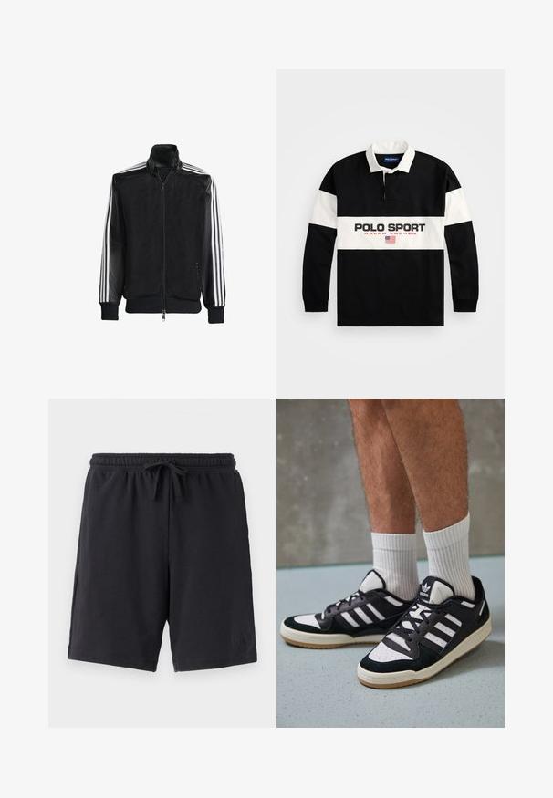 Melna režģa jakas ar rāvējslēdzēja priekšpusi, kam ir viendabīgas melnas piedurknes un trīs baltas svītras gar rokām. Ribota aproce un apakša.; Melna polo krekla ar garām piedurknēm un baltām horizontālām svītrām. Iezīmēts ar apkakli, pogu rindu un grafisku uzrakstu "POLO SPORT RALPH LAUREN".; GAP HERITAGE LOGO - Treniņtērpa apakšdaļas - moonless night; Melnas un baltas kedas ar zamša un ādas augšdaļu, kas aprīkotas ar trim baltām svītrām, perforētu purngali un gumijas zolēm.