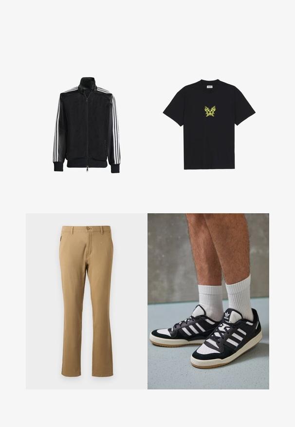 Čierna sieťovaná bunda so zipsom vpredu, s pevnými čiernymi rukávmi a tromi bielymi pruhmi po stranách rukávov. Žebrované manžety a spodný lem.; Čierne bavlnené tričko s malým grafickým motívom žltej motýlice v tvare plameňa na hrudi. S okrúhlym výstrihom a krátkymi rukávmi.; Béžové chinos nohavice s rovnými nohavicami, vyrobené z bavlny, s jedným predným gombíkom a bočnými vreckami. Hladká textúra.; Čierno-biele tenisky s vrchom z semišu a kože, s troma bielymi pruhmi, perforovanou špičkou a gumovou podrážkou.
