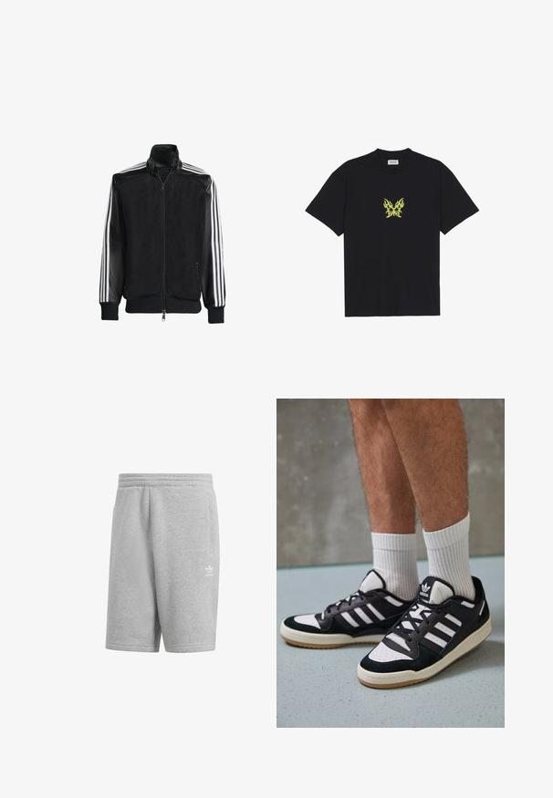 Jaqueta de malha preta com fecho zip, apresentando mangas pretas sólidas e três riscas brancas ao longo dos braços. Punhos e bainha canelados.; T-shirt de algodão preto com um pequeno gráfico de borboleta em padrão de chama amarela no peito. Decote redondo, mangas curtas.; Calções atléticos cinzentos feitos de material suave, com um cós elástico, bolsos laterais e um pequeno logo branco na coxa esquerda.; Ténis em preto e branco com upper em camurça e couro, apresentando três riscas brancas, um toe perfurado e uma sola em borracha de goma.