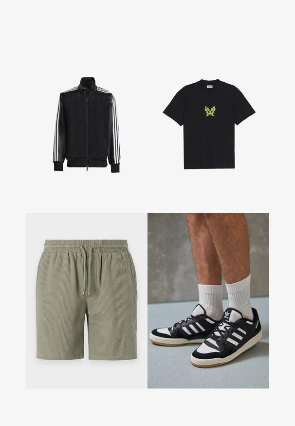 Must mustriga jope, millel on lukuga eesosa, ning mustad varrukad ja kolm valget triipu varrukate ääres. Ribaelastne mansett ja allääre.; Must musta t-särk, millel on rinnal väike kollane leekidega liblika graafika. Ümmargune kaelus, lühikesed varrukad.; Vahveljakuga oliivrohelised lühikesed püksid elastse vöökoha, nööridega ja mugava lõikega. Sujuv äär jalgadel.; Mustvalged ja valged spordijalatsid, mille pealmine osa on valmistatud suede'ist ja nahast. Kingadel on kolm valget riba, auguline varvas ja kummist tald.