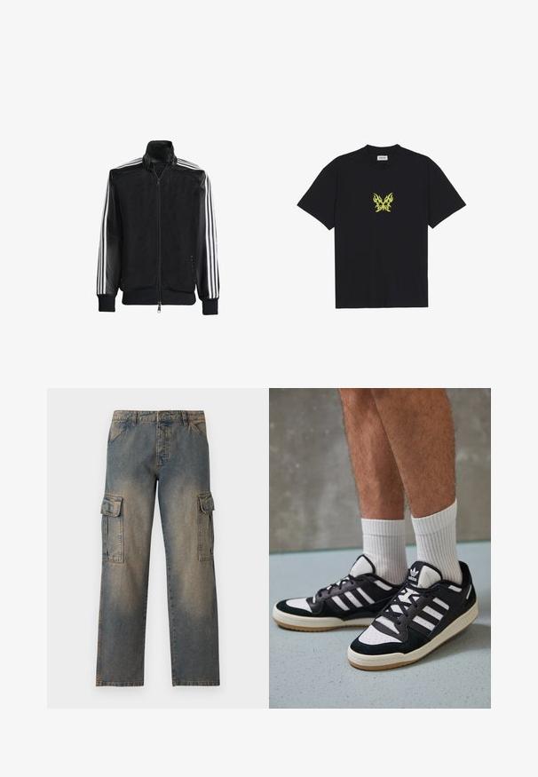 Crna mrežasta jakna s patentnim zatvaračem sprijeda, koja ima čvrste crne rukave i tri bijele pruge duž ruku. Riblje manžetne i rub.; Crna pamučna majica s grafikom leptira u malom žutom plamenu na prsima. Okrugli izrez, kratki rukavi.; Traperice cargo u izblijedjelo plavoj boji, širokog kroja, s dva velika bočna džepa, šivenim šavovima i klasičnim dizajnom struka.; Crne i bijele tenisice s gornjim dijelom od antilopa i kože, s tri bijele pruge, perforiranim prstom i gumiranim potplatom.