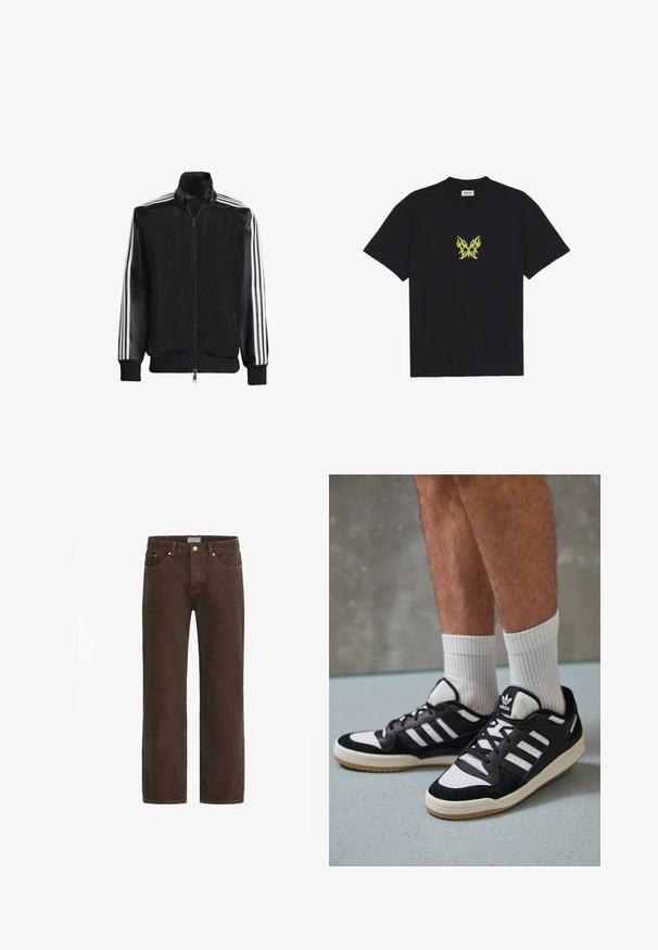 Černá síťovaná bunda na zip, s celými černými rukávy a třemi bílými pruhy podél rukávů. Hladké manžety a lem.; Černé bavlněné tričko s malým grafikou motýla se vzorem žlutých plamenů na hrudi. Kulatý výstřih, krátké rukávy.; Hnědé denimové džíny se střihem rovného nohavice, designem se pěti kapsami a kovovými detaily. Obsahují zapínání na knoflík a značkovou cedulku na pásu.; Černobílé tenisky s vrchní částí z semišové a kožené kůže, včetně tří bílých pruhů, perforovaného špičky a podrážky z gumy.