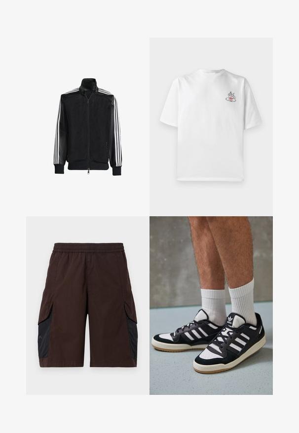 Musta verkkomantteli, jossa on vetoketjulla suljettava etuosa, mustat hihat ja kolme valkoista raitaa käsivarsilla. Ribbaatut hihansuut ja helma.; Valkoinen puuvillapaita lyhyillä hihoilla, jossa on pieni vaaleanpunainen ja musta kahvimuki -kuvio vasemmassa rinnassa.; Ruske šortse z elastičnim pasom, ki imajo črne stranske panele in žepke. Material se zdi lahek z gladko teksturo.; Valkoiset ja mustat tennarit, joissa on mokkanahka- ja nahkapäällinen, kolme valkoista raitaa, rei'itetty kärki ja kumipohja.