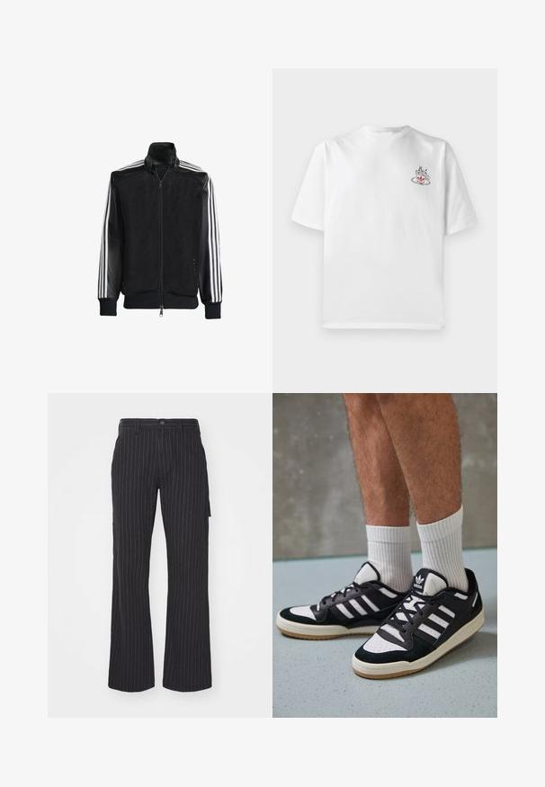 Fekete hálós dzseki, elöl cipzárral, amelynek egyszínű fekete ujjai és három fehér csíkja van a karokon. Rugalmas mandzsetták és derék.; Fehér pamut póló rövid ujjal, melyen egy kis rózsaszín és fekete kávéscsésze grafika található a bal mellek részen.; Fekete csíkozott bő szárú nadrág lapos elülső résszel, magas derékkal és oldalsó zsebekkel, textúrált anyagból, kontrasztos csíkokkal.; Fekete-fehér tornacipők velúr és bőr felsőrésszel, három fehér csíkkal, perforált orral és gumi talppal.