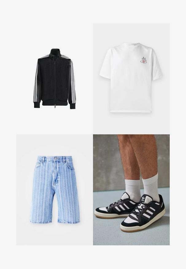 Veste en maille noire avec fermeture éclair à l'avant, présentant des manches noires unies et trois rayures blanches le long des bras. Poignets et ourlet côtelés.; T-shirt en coton blanc à manches courtes, avec un petit graphique de tasse à café rose et noir sur le côté gauche de la poitrine.; Shorts en denim bleu clair avec des rayures blanches verticales, dotés d'un design classique à cinq poches et d'une fermeture à bouton à la taille.; Baskets noir et blanc avec une tige en suède et cuir, comportant trois rayures blanches, un bout perforé et une semelle en caoutchouc gum.