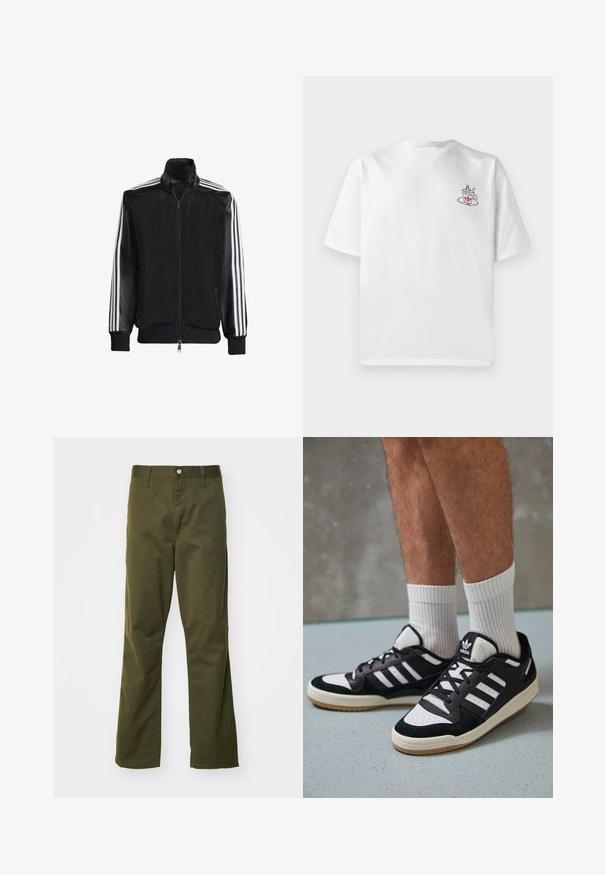 Svart nätjacka med dragkedja framtill, med enfärgade svarta ärmar och tre vita ränder längs armarna. Ribbstickade manschetter och nederkant.; Vit bomull t-shirt med kort ärm, som har en liten rosa och svart kaffekoppsgrafik på vänster bröst.; Olivgrön bomullshose med rak bendesign. Har en framknäppning med knapp och klassisk femficksstil.; Svartvita sneakers med ovandel i mocka och läder, med tre vita ränder, perforerad tå och sula av gummigummi.