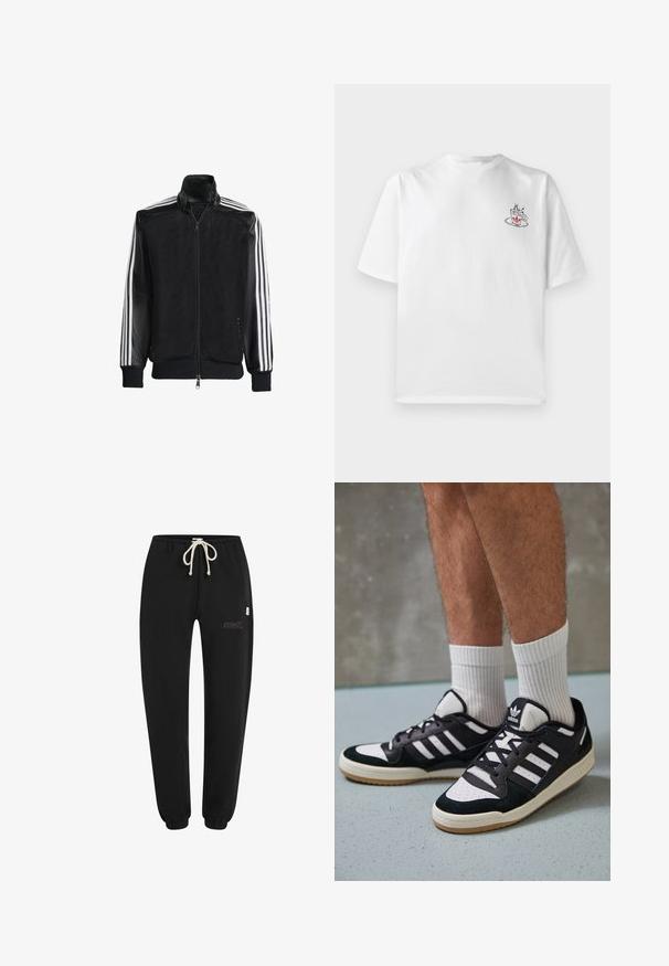 Black mesh jacket with a zip front, featuring solid black sleeves and three white stripes along the arms. Ribbed cuffs and hem.; White cotton t-shirt with short sleeves, featuring a small pink and black coffee cup graphic on the left chest area.; Black sweatpants made of soft fabric, featuring an elastic waistband with a drawstring, elastic cuffs, and a small embroidered logo detail.; Black and white sneakers with a suede and leather upper, featuring three white stripes, a perforated toe, and a gum rubber sole.