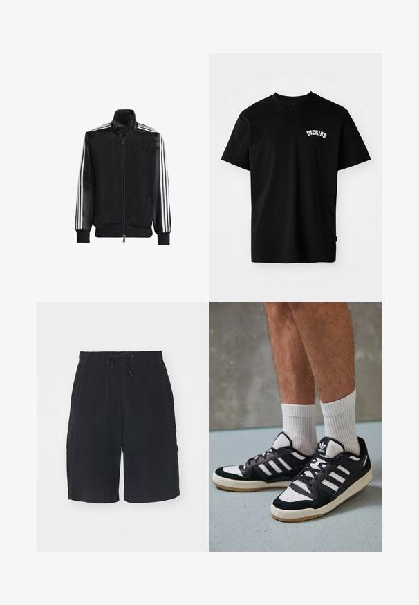 Svart nätjacka med dragkedja framtill, med enfärgade svarta ärmar och tre vita ränder längs armarna. Ribbstickade manschetter och nederkant.; Svart bomullströja med korta ärmar och rundad halsringning. Har en vit, böjd logotyp "DICKIES" på bröstet. Enkelt design, inga mönster.; Svarta cargoshorts med elastisk midja, snörning, sidfickor och kontrasterande sömmar. Tillverkade i lättviktsmaterial.; Svartvita sneakers med ovandel i mocka och läder, med tre vita ränder, perforerad tå och sula av gummigummi.