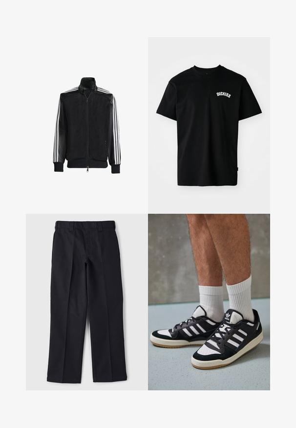 Svart mesh-jakke med glidelås foran, med solide svarte ermer og tre hvite striper langs armene. Ribbestrikkede mansjetter og nederkant.; Svart bomull T-skjorte med korte ermer og rund hals. Har en hvit buet logo "DICKIES" på brystet. Enkel design, ingen mønstre.; Sorte bukser laget av slitesterkt stoff, med rett snittdesign, beltefester i midjen og uten synlige lommer eller dekorasjoner.; Sorte og hvite sneakers med overdel i semsket skinn og lær, med tre hvite striper, perforert tå og en såle av gummi.