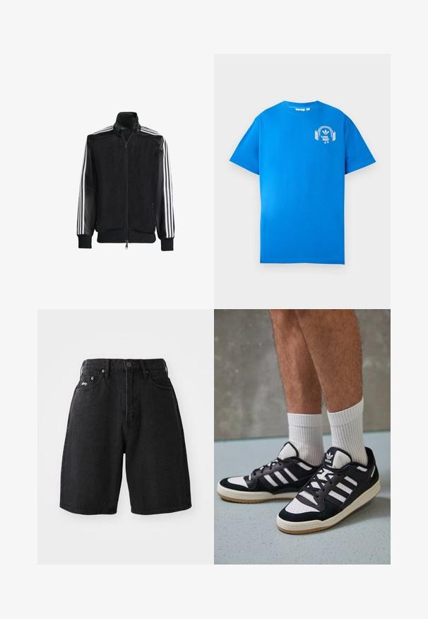 Melna režģa jakas ar rāvējslēdzēja priekšpusi, kam ir viendabīgas melnas piedurknes un trīs baltas svītras gar rokām. Ribota aproce un apakša.; Zila kokvilnas T-krekls ar īsām piedurknēm. Priekšpusē ir balts grafiskais dizains, kurā attēlots varonis ar austiņām un arku.; Melnas denima šorti ar augstu jostasvietu, divām priekšējām kabatām, metāla pogas aizdari un mazu zīmola logotipu kreisajā pusē.; Melnas un baltas kedas ar zamša un ādas augšdaļu, kas aprīkotas ar trim baltām svītrām, perforētu purngali un gumijas zolēm.