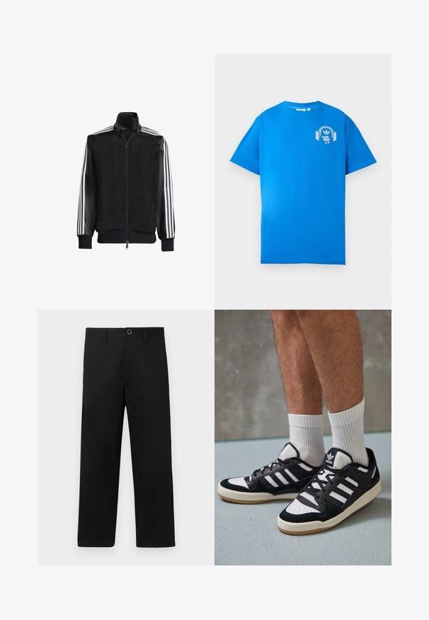 Veste en maille noire avec fermeture éclair à l'avant, présentant des manches noires unies et trois rayures blanches le long des bras. Poignets et ourlet côtelés.; T-shirt en coton bleu à manches courtes. Présente un design graphique blanc sur le devant, affichant un personnage avec des écouteurs et un arc.; Pantalon en coton noir coupe droite, avec une taille standard, des passants de ceinture et une fermeture à un bouton. Texture lisse, sans motifs.; Baskets noir et blanc avec une tige en suède et cuir, comportant trois rayures blanches, un bout perforé et une semelle en caoutchouc gum.