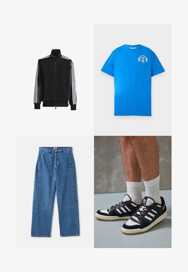 Μαύρο τζάκετ από δίχτυ με φερμουάρ μπροστά, με συμπαγή μαύρα μανίκια και τρεις λευκές ρίγες κατά μήκος των χεριών. Ριμπέ μανσέτες και στρίφωμα.; Μπλε βαμβακερό μπλουζάκι κοντομάνικο. Διαθέτει μια λευκή γραφιστική σχεδίαση στο μπροστινό μέρος, που απεικονίζει έναν χαρακτήρα με ακουστικά και μια αψίδα.; Μπλε τζιν παντελόνια σε φαρδιά γραμμή με ψηλή μέση, μεγάλα μπροστινά τσεπάκια και χαρακτηριστικό σχέδιο από μπαλώματα με ορατά ραψίματα και μεταλλικές λεπτομέρειες.; Μαύρα και λευκά αθλητικά παπούτσια με άνω μέρος από σουέτ και δέρμα, featuring τρεις λευκές ρίγες, περατά δάχτυλα και σόλα από καουτσούκ τύπου γκαστ.