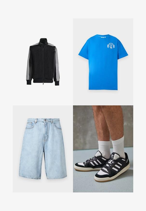 Chaqueta de malla negra con cierre de cremallera en la parte delantera, que presenta mangas negras sólidas y tres rayas blancas a lo largo de los brazos. Puños y dobladillo acanalados.; Camiseta de algodón azul con mangas cortas. Presenta un diseño gráfico blanco en la parte frontal, que muestra un personaje con auriculares y un arco.; Pantalones cortos de mezclilla azul claro con un ajuste relajado, que cuentan con dos bolsillos frontales, cierre de cremallera y acentos de costura visibles.; Zapatillas en blanco y negro con parte superior de ante y cuero, que presentan tres franjas blancas, una puntera perforada y una suela de goma.