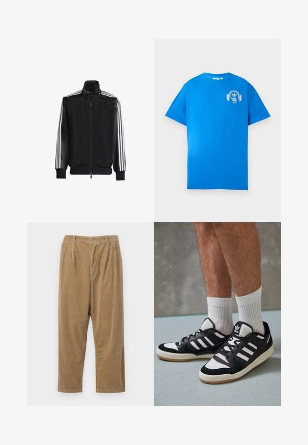 Black mesh jacket with a zip front, featuring solid black sleeves and three white stripes along the arms. Ribbed cuffs and hem.; Blue cotton t-shirt with short sleeves. Features a white graphic design on the front, displaying a character with headphones and an arch.; Corduroy pants in a light brown color with a textured ribbed pattern, featuring a button closure and relaxed fit.; Black and white sneakers with a suede and leather upper, featuring three white stripes, a perforated toe, and a gum rubber sole.