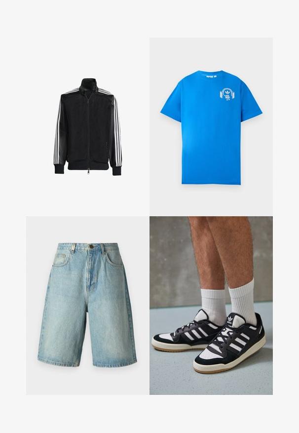 Chaqueta de malla negra con cierre de cremallera en la parte delantera, que presenta mangas negras sólidas y tres rayas blancas a lo largo de los brazos. Puños y dobladillo acanalados.; Camiseta de algodón azul con mangas cortas. Presenta un diseño gráfico blanco en la parte frontal, que muestra un personaje con auriculares y un arco.; Shorts de mezclilla azul claro con un ajuste relajado, que presentan bolsillos frontales, un cierre de botón y un acabado desgastado con sutiles detalles de deslavado.; Zapatillas en blanco y negro con parte superior de ante y cuero, que presentan tres franjas blancas, una puntera perforada y una suela de goma.