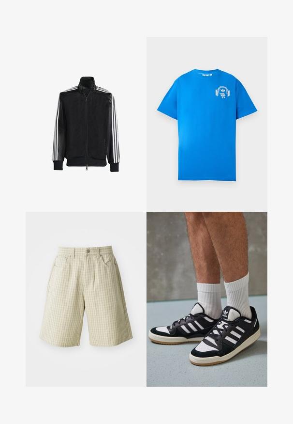 Jaqueta de malha preta com fecho zip, apresentando mangas pretas sólidas e três riscas brancas ao longo dos braços. Punhos e bainha canelados.; Camiseta de algodão azul com mangas curtas. Apresenta um design gráfico branco na parte da frente, exibindo um personagem com auscultadores e um arco.; Calções em padrão xadrez bege, feitos de tecido leve, com dois bolsos laterais, fecho de botão e um design de corte descontraído.; Ténis em preto e branco com upper em camurça e couro, apresentando três riscas brancas, um toe perfurado e uma sola em borracha de goma.