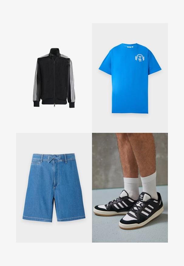 Jaqueta de malha preta com fecho zip, apresentando mangas pretas sólidas e três riscas brancas ao longo dos braços. Punhos e bainha canelados.; Camiseta de algodão azul com mangas curtas. Apresenta um design gráfico branco na parte da frente, exibindo um personagem com auscultadores e um arco.; Calções de ganga azul claro com cintura elástica e cordão, bolsos frontais e costura em contraste. Design clássico, corte até ao joelho.; Ténis em preto e branco com upper em camurça e couro, apresentando três riscas brancas, um toe perfurado e uma sola em borracha de goma.