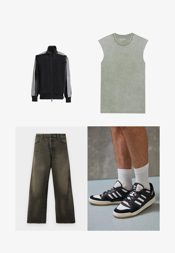 Black mesh jacket with a zip front, featuring solid black sleeves and three white stripes along the arms. Ribbed cuffs and hem.; Green sleeveless T-shirt made of soft, textured fabric. Round neckline with a subtle wash effect and visible stitching at the hem.; High-waisted, wide-leg black faded jeans with front button and zip closure, and standard front pockets.; Black and white sneakers with a suede and leather upper, featuring three white stripes, a perforated toe, and a gum rubber sole.