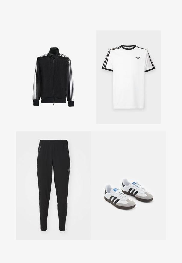 Svart mesh-jakke med glidelås foran, med solide svarte ermer og tre hvite striper langs armene. Ribbestrikkede mansjetter og nederkant.; Hvit bomulls T-skjorte med svart ribbestrikket halslinning og ermer, med tre svarte striper på hver skulder og en liten logo på brystet.; Svart treningsbukser med smal passform. Funksjoner inkluderer elastisk midjebånd, sidelommer med glidelås og en logo på venstre bein. Glatt tekstur.; Sportssko med en hvit skinnoverdel, grå semsket tå og tre svarte striper. Har en blå logo på tungen og en teksturert gummisåle.
