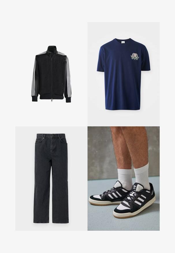 Must mustriga jope, millel on lukuga eesosa, ning mustad varrukad ja kolm valget triipu varrukate ääres. Ribaelastne mansett ja allääre.; Tumesinine puuvillane t-särk lühikeste varrukatega, ümar kaelus ja tikandlogo, millel on loorberivõrsed vasakul rinnal.; Tumed sinised denimbüksid laia jala, viie tasku disaini ja nööpkinni. Sisaldab vasktooni riistvara ja peent tekstuuri.; Mustvalged ja valged spordijalatsid, mille pealmine osa on valmistatud suede'ist ja nahast. Kingadel on kolm valget riba, auguline varvas ja kummist tald.