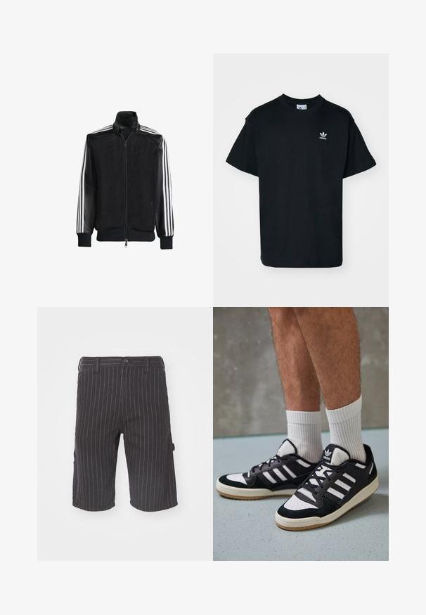 Melna režģa jakas ar rāvējslēdzēja priekšpusi, kam ir viendabīgas melnas piedurknes un trīs baltas svītras gar rokām. Ribota aproce un apakša.; Melnā kokvilnas T-kreklā ar apaļu kakla izgriezumu un īsām piedurknēm, kurā ir neliela balta Adidas logo kreisajā krūtīs.; Melnās svītrainās šortos ar taisnu griezumu, ar pogas aizdari un sānu kabatām, izgatavoti no strukturēta kokvilnas maisījuma auduma.; Melnas un baltas kedas ar zamša un ādas augšdaļu, kas aprīkotas ar trim baltām svītrām, perforētu purngali un gumijas zolēm.