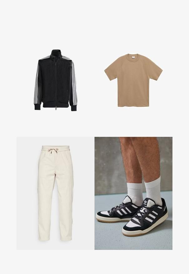 Veste en maille noire avec fermeture éclair à l'avant, présentant des manches noires unies et trois rayures blanches le long des bras. Poignets et ourlet côtelés.; Mango T-shirt basique - beige; Pantalons en velours côtelé beige clair avec une taille élastique à cordon, poches latérales et une coupe décontractée, présentant une texture côtelée et des jambes fuselées.; Baskets noir et blanc avec une tige en suède et cuir, comportant trois rayures blanches, un bout perforé et une semelle en caoutchouc gum.