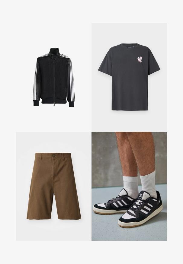 Svart nätjacka med dragkedja framtill, med enfärgade svarta ärmar och tre vita ränder längs armarna. Ribbstickade manschetter och nederkant.; Grå bomullströja med rund hals och korta ärmar. Framsidan visar en rosa blommig Adidas-logotyp. Avslappnad passform, inga mönster eller dekorationer.; Bruna bomullsshorts med rak skärning, med framknäppning, bältesöglor och sidofickor. Slät textur och rena sömmar.; Svartvita sneakers med ovandel i mocka och läder, med tre vita ränder, perforerad tå och sula av gummigummi.