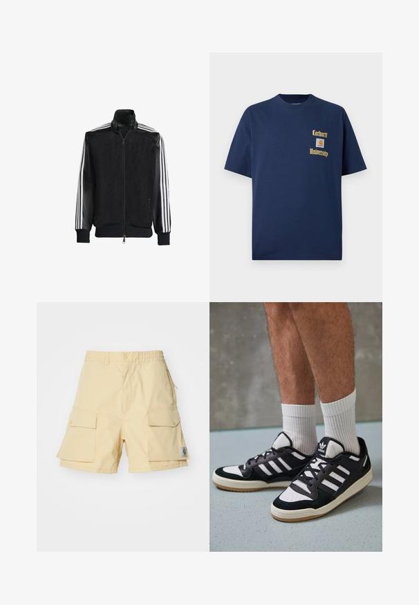 Črna mrežasta jakna z zadrgo spredaj, s trdnimi črnimi rokavi in tremi belimi črtami vzdolž rokavov. Rebrasti robovi in spodnji del.; Navy modra bombažna majica s kratkimi rokavi, z zlatim napisom "Carhartt University" in logotipom na levem prsnem delu.; Rumene cargo kratke hlače iz lahkega materiala, ki vsebujejo dva velika stranska žepa, elastičen pas in majhno logotipno nalepko na strani.; Črno-bele superge z zgornjim delom iz usnja in nubuka, ki imajo tri bele črte, perforiran vrh prstov in podplat iz gume.