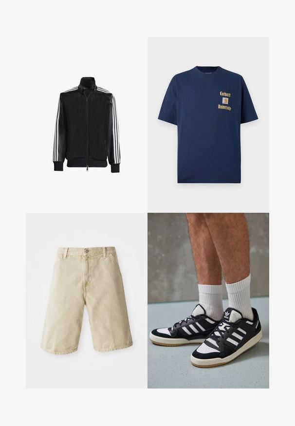 Veste en maille noire avec fermeture éclair à l'avant, présentant des manches noires unies et trois rayures blanches le long des bras. Poignets et ourlet côtelés.; T-shirt en coton bleu marine à manches courtes, avec le texte doré "Carhartt University" et un écusson logo sur la poitrine gauche.; Shorts en denim beige avec une coupe droite, cinq poches, fermeture à bouton et zip à l'avant, et un léger délavage sur le tissu.; Baskets noir et blanc avec une tige en suède et cuir, comportant trois rayures blanches, un bout perforé et une semelle en caoutchouc gum.