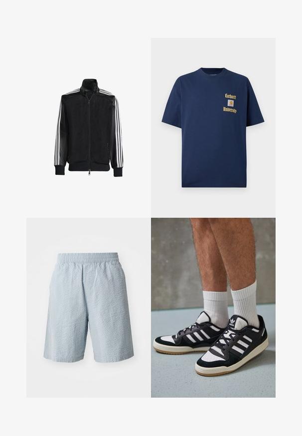 Juodas permatomas džemperis su užtrauktuku priekyje, turintis vientisas juodas rankoves ir tris baltas juostas ant rankų. Raukšlėtos rankogaliai ir apatinė dalis.; Tamsiai mėlyna medvilninė marškinėliai trumpomis rankovėmis, su auksiniu tekstu "Carhartt University" ir logotipo siuviniu kairėje krūtinės pusėje.; Šviesiai mėlyni šortai su tekstūruotu audiniu, elastingu juosmeniu ir šoninėmis kišenėmis. Dizainas pasižymi laisvu siluetu ir iki kelių besitęsiančiu kirpimu.; Juodos ir baltos sportinės bateliai su zomšiniu ir odiniu viršumi, su trimis baltomis juostelėmis, perforuota koja ir guminėmis padais.